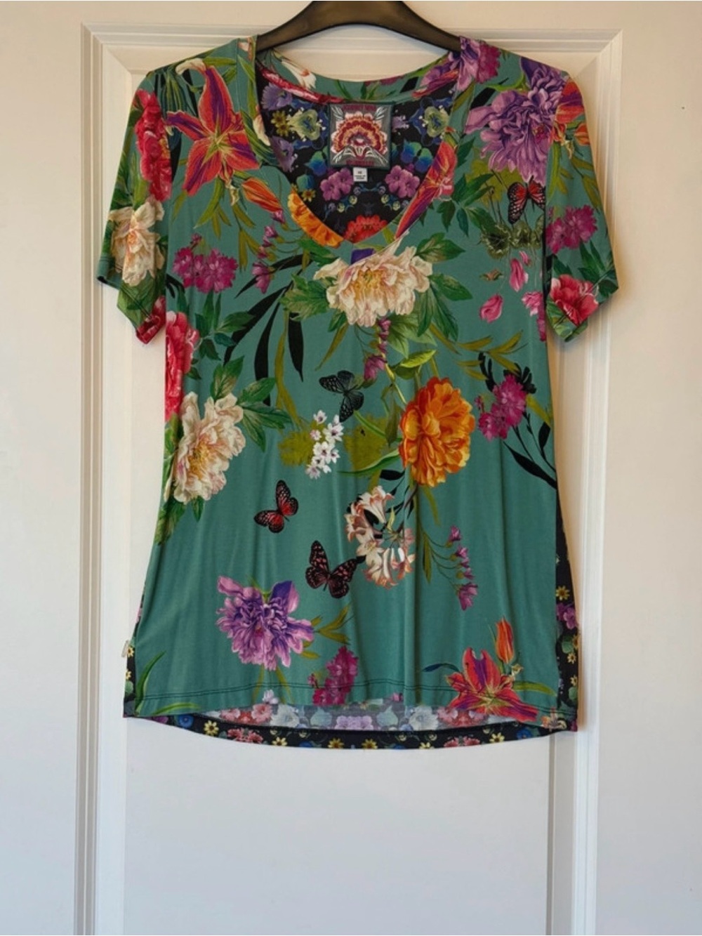 Johnny Was Teal Floral V-Neck Short Sleeve Top